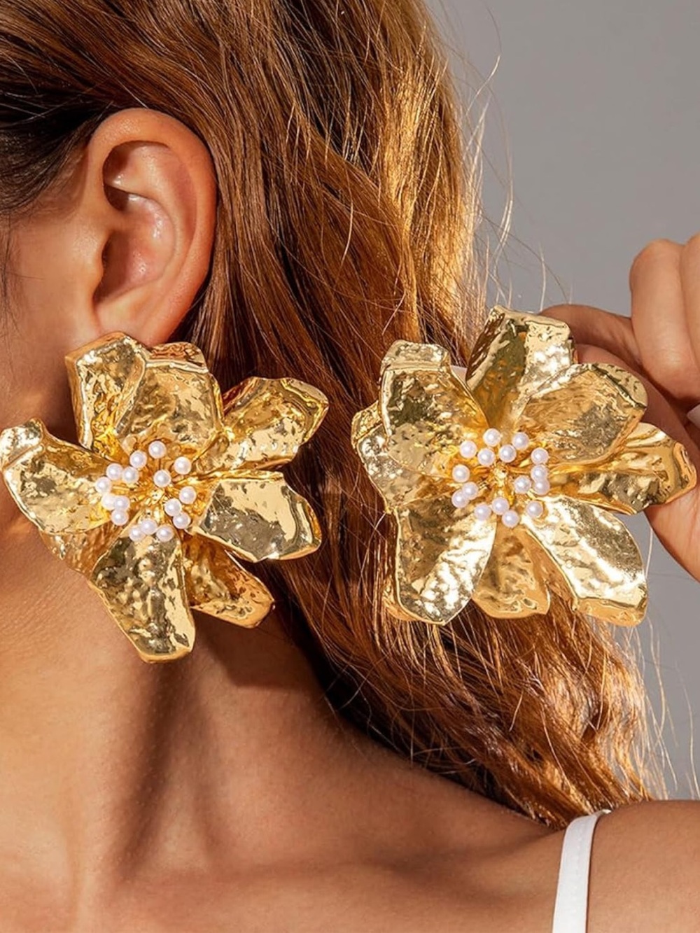Oversized Gold Floral Statement Earrings Pearl Center